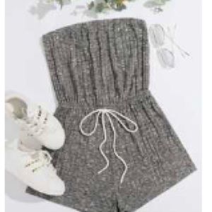 Knot waist rib-knit tube romper